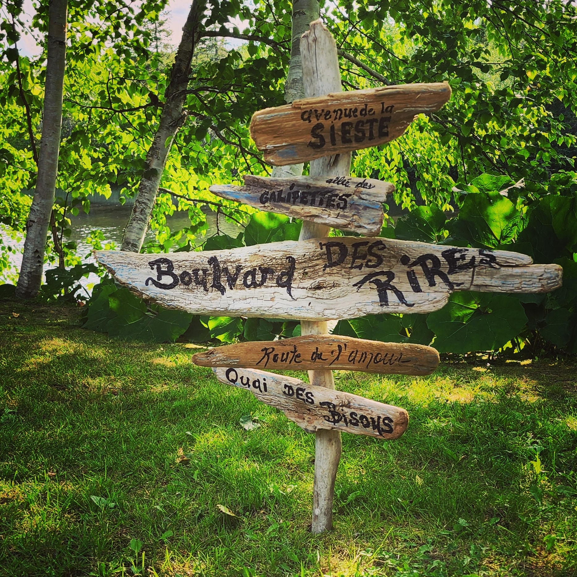Panneau de bois avec des noms de rues poétiques dans un jardin